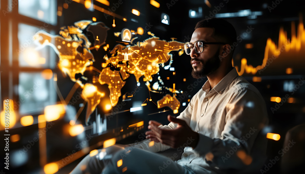 Poster a professional man in a futuristic environment interacts with a digital network of glowing nodes and
