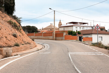 A-224 paved road passing through Urrea de Gaen, comarca of Bajo Martin, province of Teruel, Aragon,...