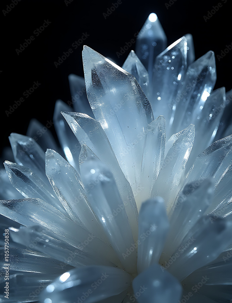 Poster crystal formations create beautiful patterns in refracted light against a dark background.