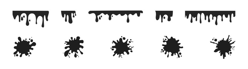 Dripping blood liquid borders silhouette in black ink style. Isolated dripping oil or black liquid. Vector illustration for your design. 
