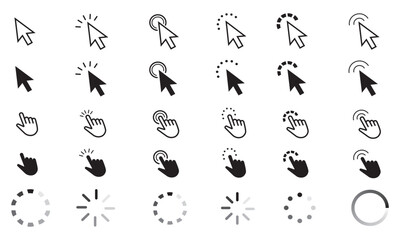 Computer mouse click cursor icon set. Load symbol collection. Pointer cursor and loading icon. Clicking cursor, pointing hand clicks icons.