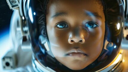 Curious African American child astronaut with helmet exploring space