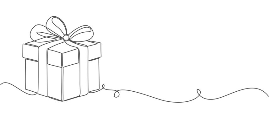 recommend clip art: One line drawing of gift box. Wrapped surprise package for christmas or birthday party .Party and celebration. Gift box line art outline vector illustration