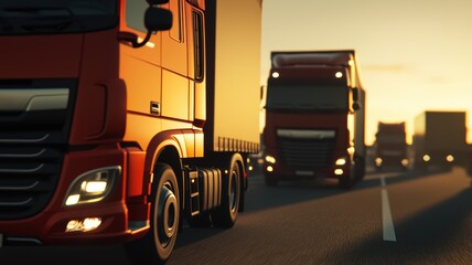 Two trucks travel on a highway at sunset, highlighting the importance of transportation and logistics in a serene yet dynamic landscape.