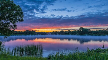 A tranquil lake scene with a fiery sunrise reflected in the water, creating a serene and beautiful landscape.