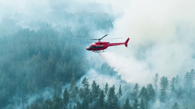 A red helicopter battles a forest fire, spraying water over smoke-filled trees in a dramatic scene of firefighting in nature.