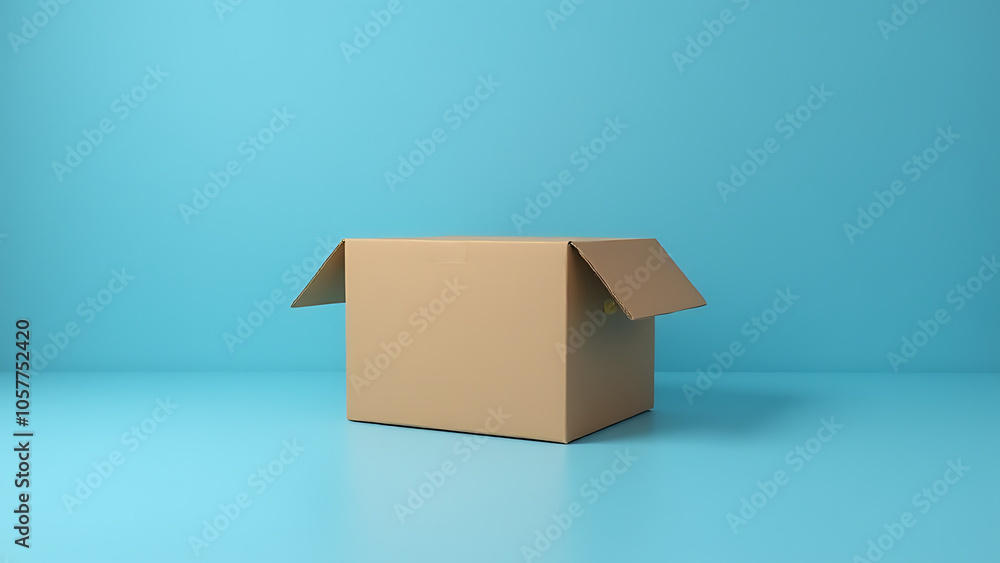 Aufkleber brown carton box sits on a blue table with empty space, awaiting various items and products to be de