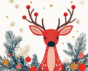 Festive deer, with ornaments, isolated on white, flat design illustration