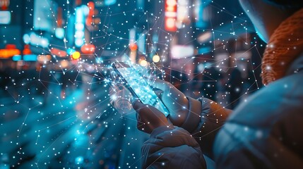 person using a smartphone, with a futuristic overlay of digital elements and light effects. 