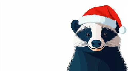Obraz premium Festive badger, with Santa hat, isolated on white, flat design illustration