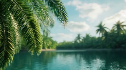 Fototapeta premium A serene tropical landscape featuring lush palm leaves reflecting in tranquil waters, under a bright sky with fluffy clouds.