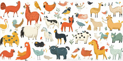 Fototapeta premium Cute Cartoon Animals Illustration Farm Animals Horses Birds Chickens Cow Ox Goat