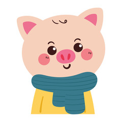 hand drawing carton pig wearing blue scarf and yellow sweater. cute animal doodle for winter sticker, icon