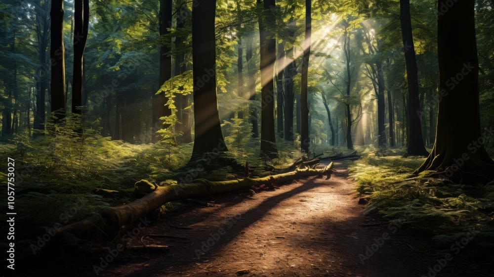 Poster dense forest with sunlight filtering through trees, creating a serene atmosphere