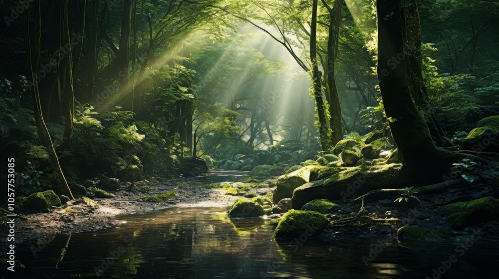 Poster dense forest with sunlight filtering through trees, creating a serene atmosphere