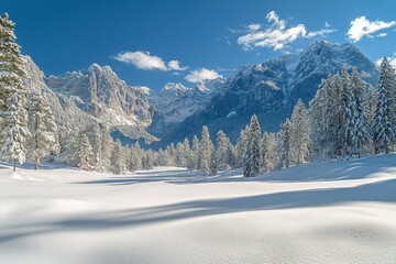 Snow covered mountains under a clear blue sky on a sunny winter day in a tranquil landscape