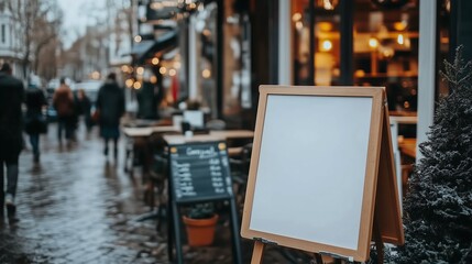 A white advertising sign displayed outside the entrance of a cozy restaurant, with a welcoming ambiance. 