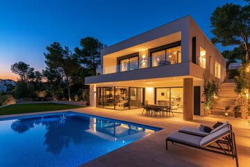 Fototapeta premium Modern luxury villa with a pool and outdoor lighting during twilight in a coastal location