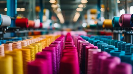 Fototapeta premium Brightly colored thread spools arranged neatly in a textile factory.