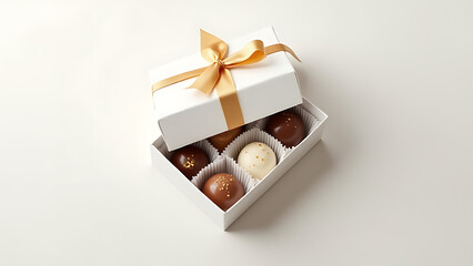 A white box holds chocolates, candies, and golden tape, viewed from above with empty space around it.