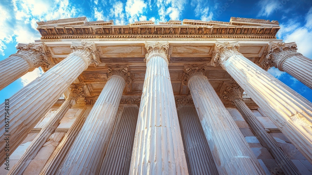 Poster a low-angle view of a series of white columns in a classical architectural style against a bright bl
