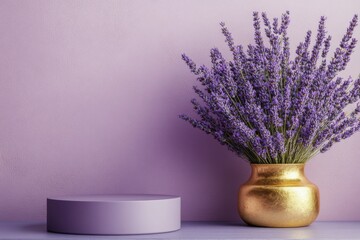 Lavender bouquet in a golden vase beside a round purple pedestal on a wooden table