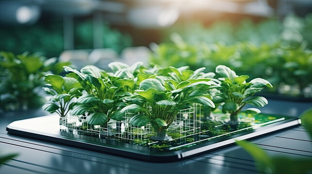Green plants growing on a digital tablet, symbolizing technology and nature