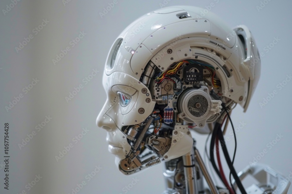 Poster futuristic white humanoid robot with exposed mechanical components in profile view