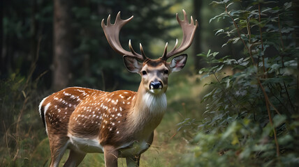 Fototapeta premium A fallow deer is standing amidst small, dense bushes ai