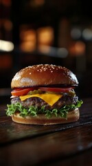 Delicious cheeseburger with fresh ingredients on a rustic wooden surface