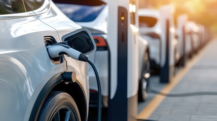 Electric vehicle charging at station with multiple cars in the background.