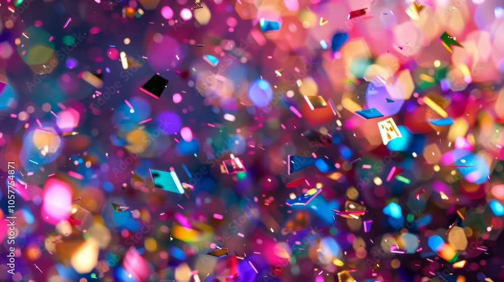 Poster dynamic multicolored abstract background with many small falling pieces, high contrast, vibrant hues
