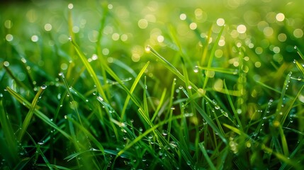 Obraz premium Early morning dew on a bed of green grass