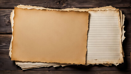 stack of papers with jagged edges on wooden background