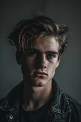 Obraz premium Intense Portrait of a Young Man with Dramatic Lighting Against Dark Gray Background