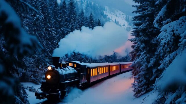 Vintage steam train moving through a snow-covered forest at dusk. Winter scene for design and print.