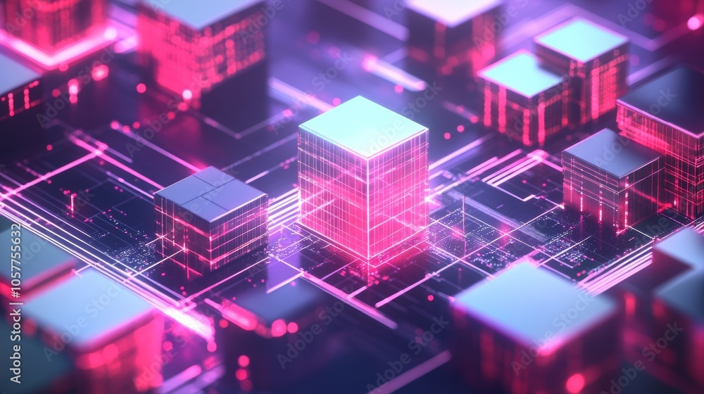 Poster illustration of a blockchain network, with data blocks connected in a decentralized system, emphasiz