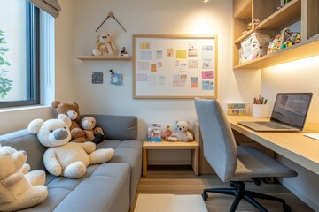 Cozy study corner with plush toys and a neatly arranged workspace in a modern home