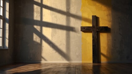 Black wooden cross in praying room, Christian church interior with yellow color. with light coming...