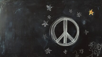 Chalk-drawn peace symbol on a blackboard, isolated on a dark background, with small doodles of stars and flowers