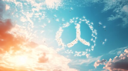 Obraz premium Floating dandelion seeds in the shape of a peace sign, isolated on a sunny sky background, with soft light rays