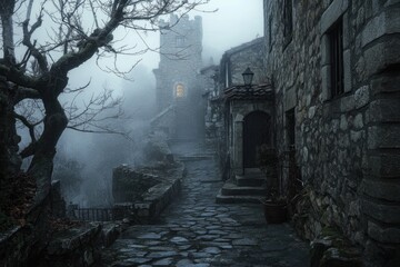 Misty Stone Pathway Leading to a Towering Stone Structure in a Foggy Village