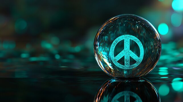 Glass globe with peace symbol engraved, isolated on a dark background, with reflections of soft green and blue lights