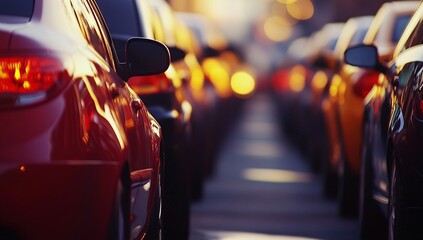 A row of sleek black cars parked along the sunlit street during the golden hour in an urban setting