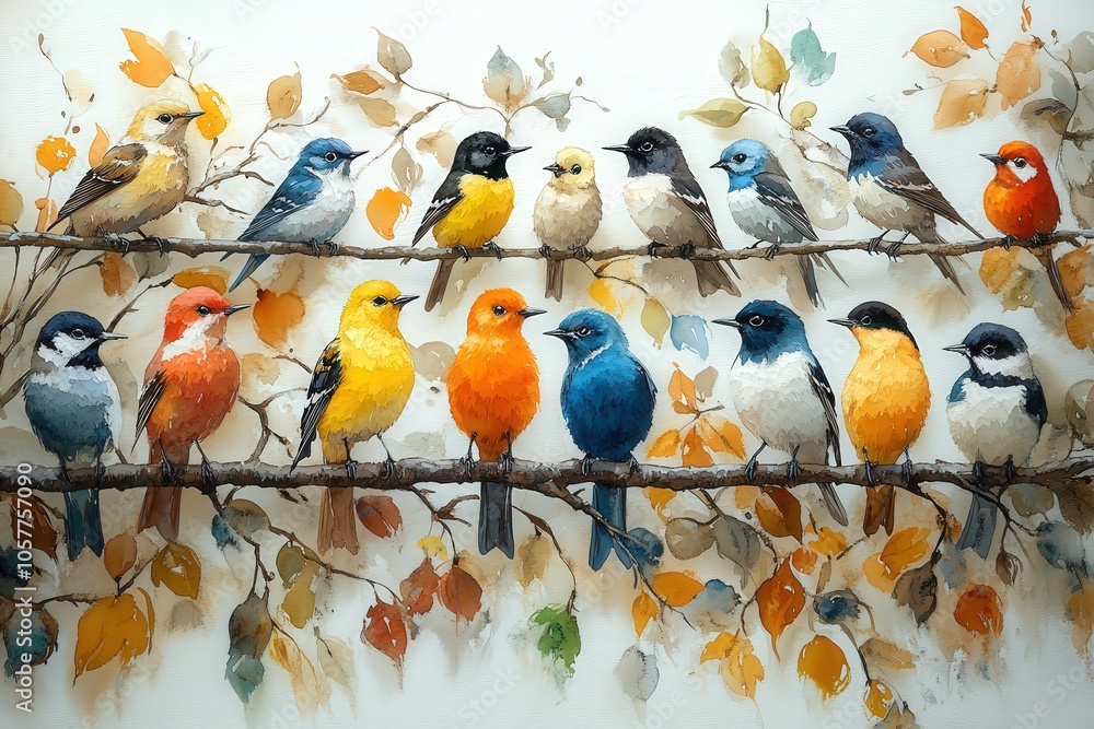 Poster a colorful array of birds perched on branches amidst autumn leaves.