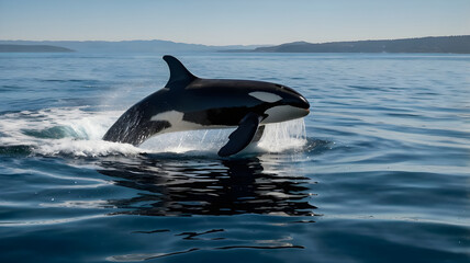 Fototapeta premium An orca whale is leaping out of the water in mid-air ai