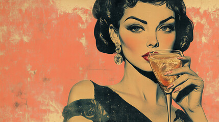 Sophisticated vintage woman with elegant hairstyle holding a cocktail against a textured pink background in retro style