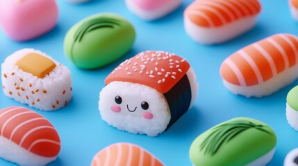 Obraz premium 3D Nigiri sushi character, fun design; vibrant colorful palette recommended 
