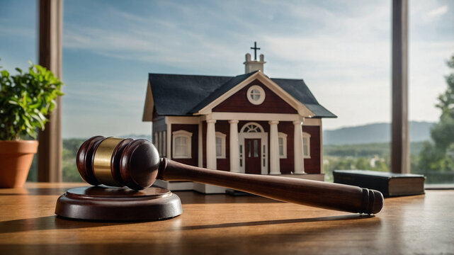 Wood gavel on a table with a small house model and a clear blue sky