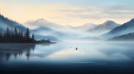 Fototapeta premium Foggy lake with distant mountains, quiet setting, muted dawn light